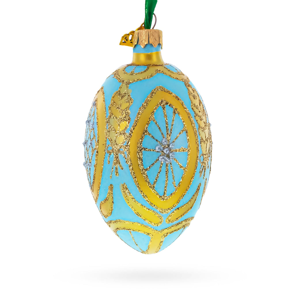 Golden Wheat on Turquoise Glass Egg Christmas Ornament 4 Inches