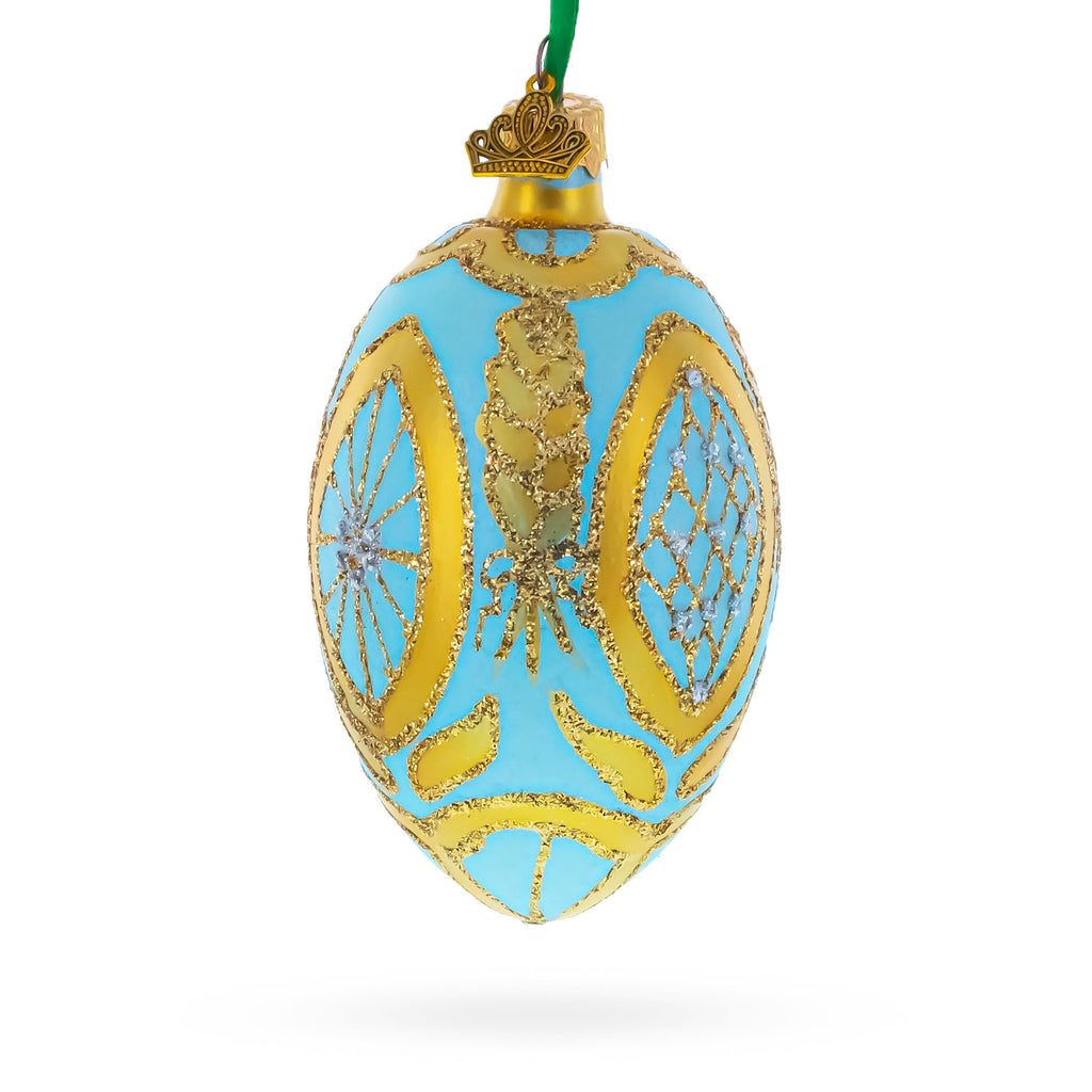 Golden Wheat on Turquoise Glass Egg Christmas Ornament 4 Inches