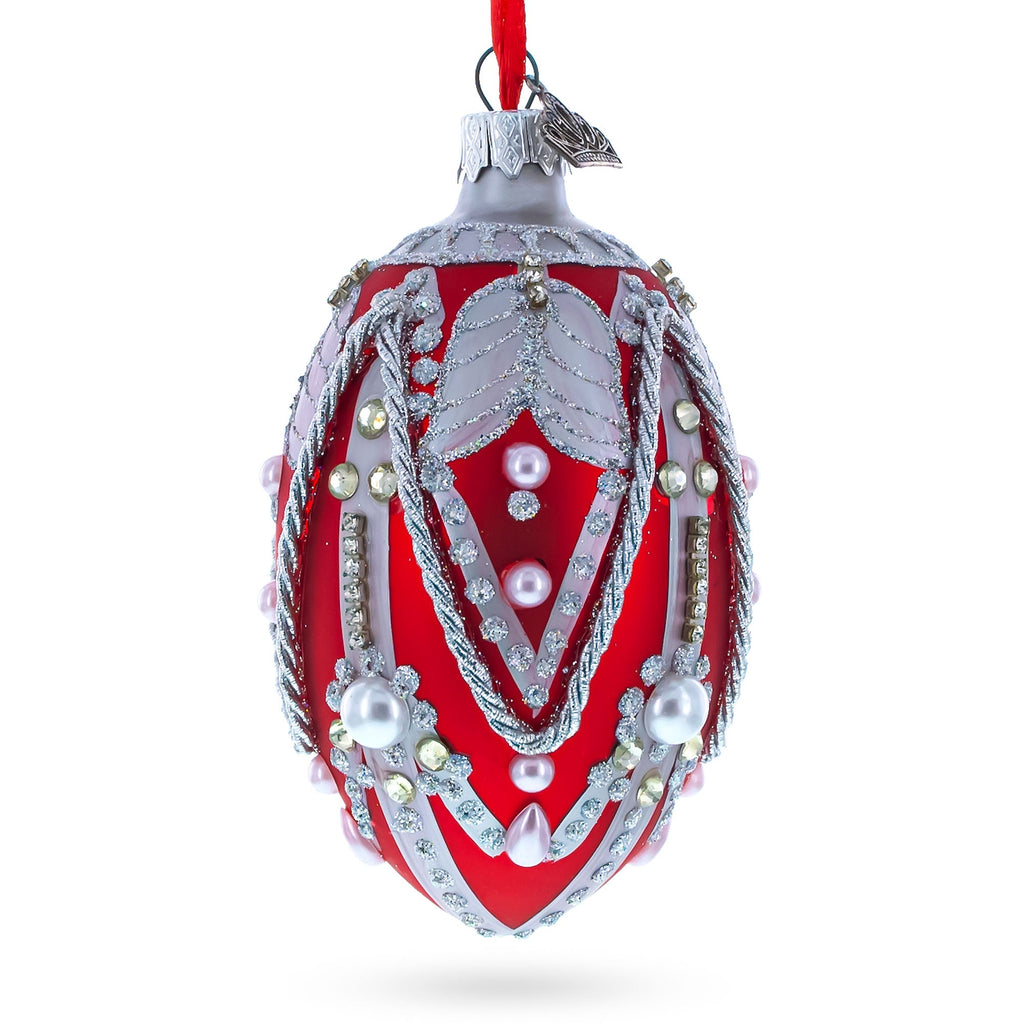 Silver Ropes on Red Glass Egg Christmas Ornament 4 Inches