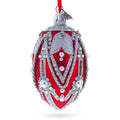 Silver Ropes on Red Glass Egg Christmas Ornament 4 Inches