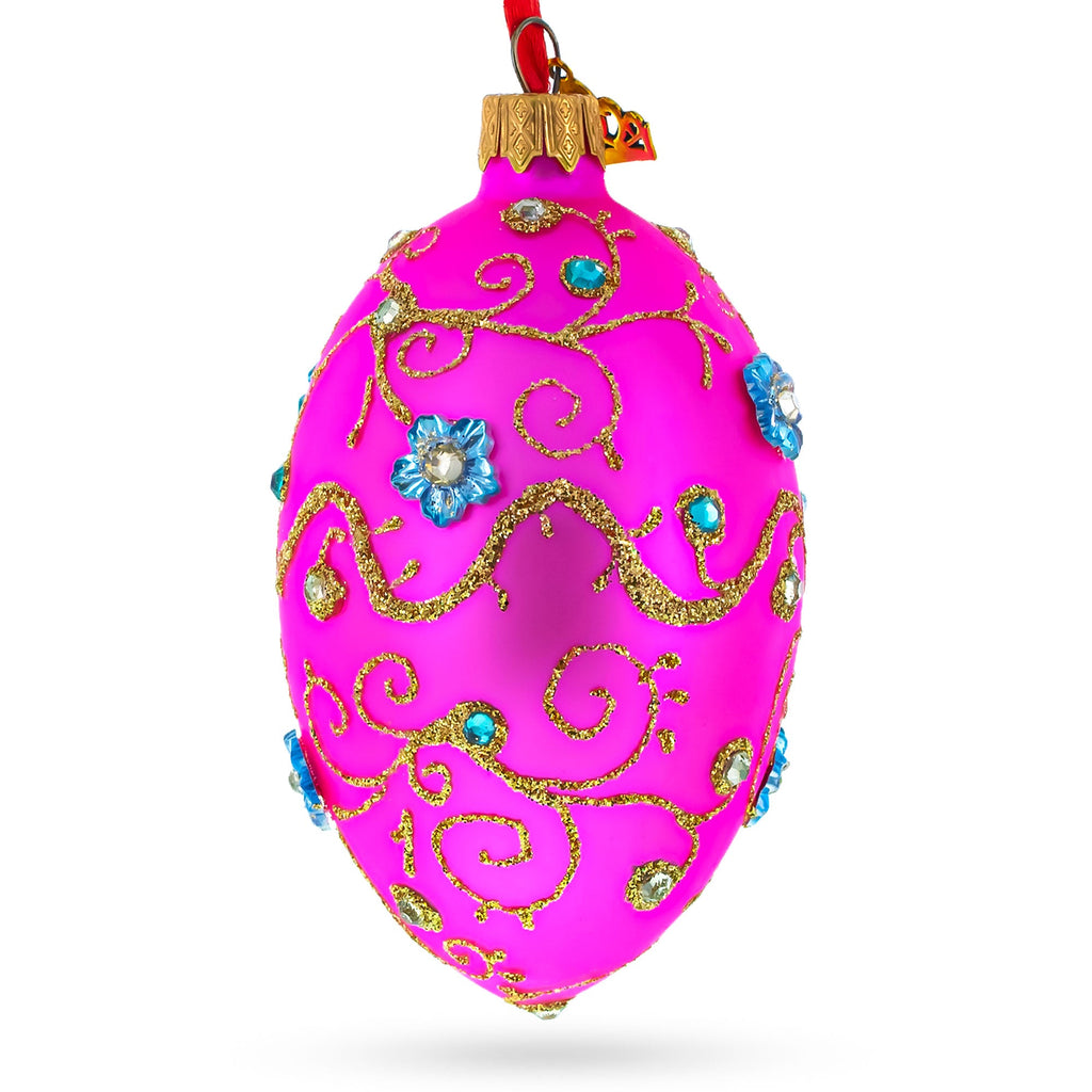 Diamond Swirl Flowers Pink Glass Egg Christmas Ornament 4 Inches