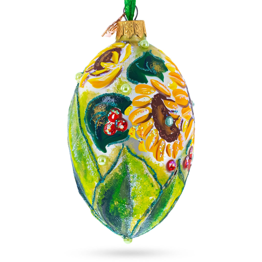 Sunflowers and Berries Glass Egg Ornament 4 Inches