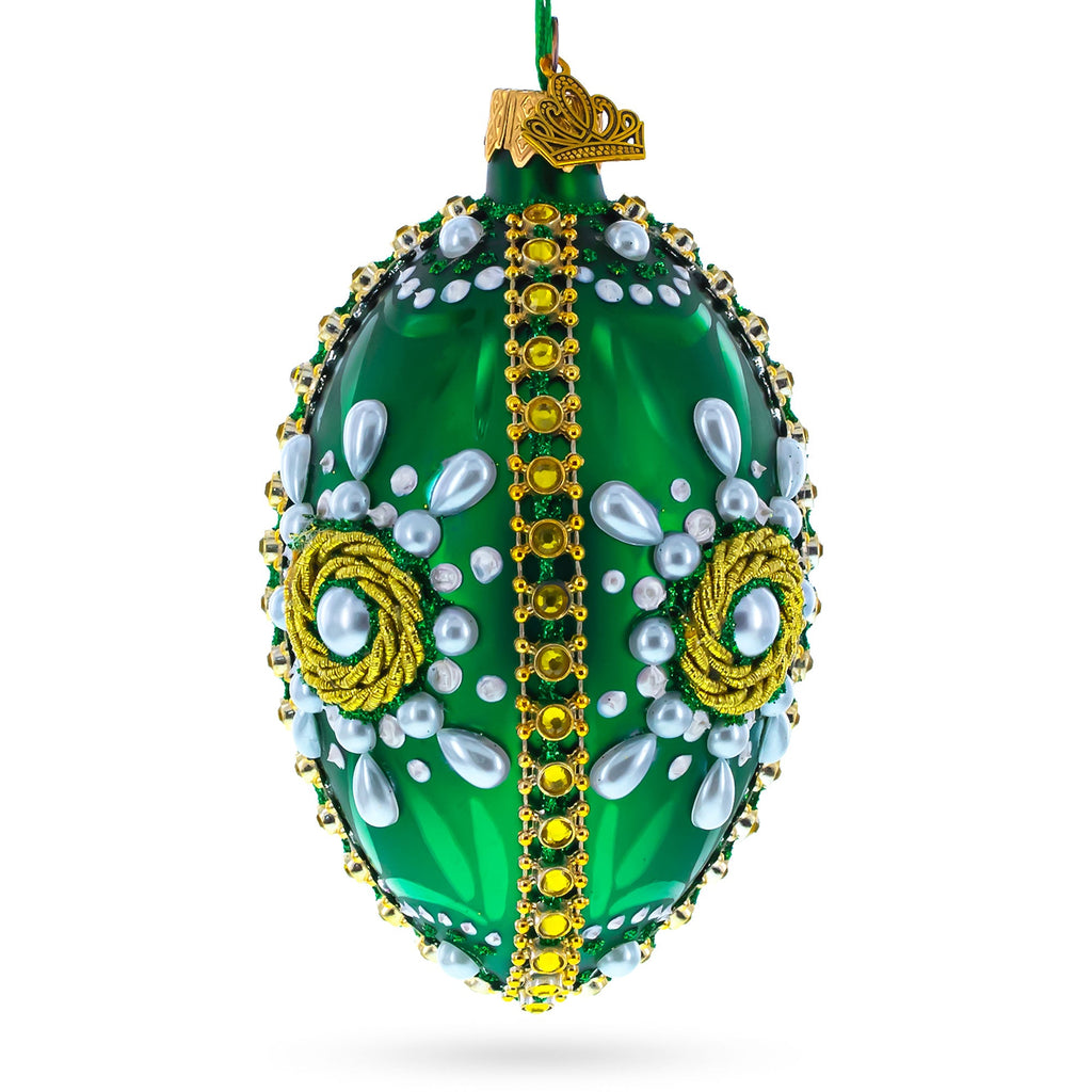 White Pearls on Green Glass Egg Christmas Ornament 4 Inches