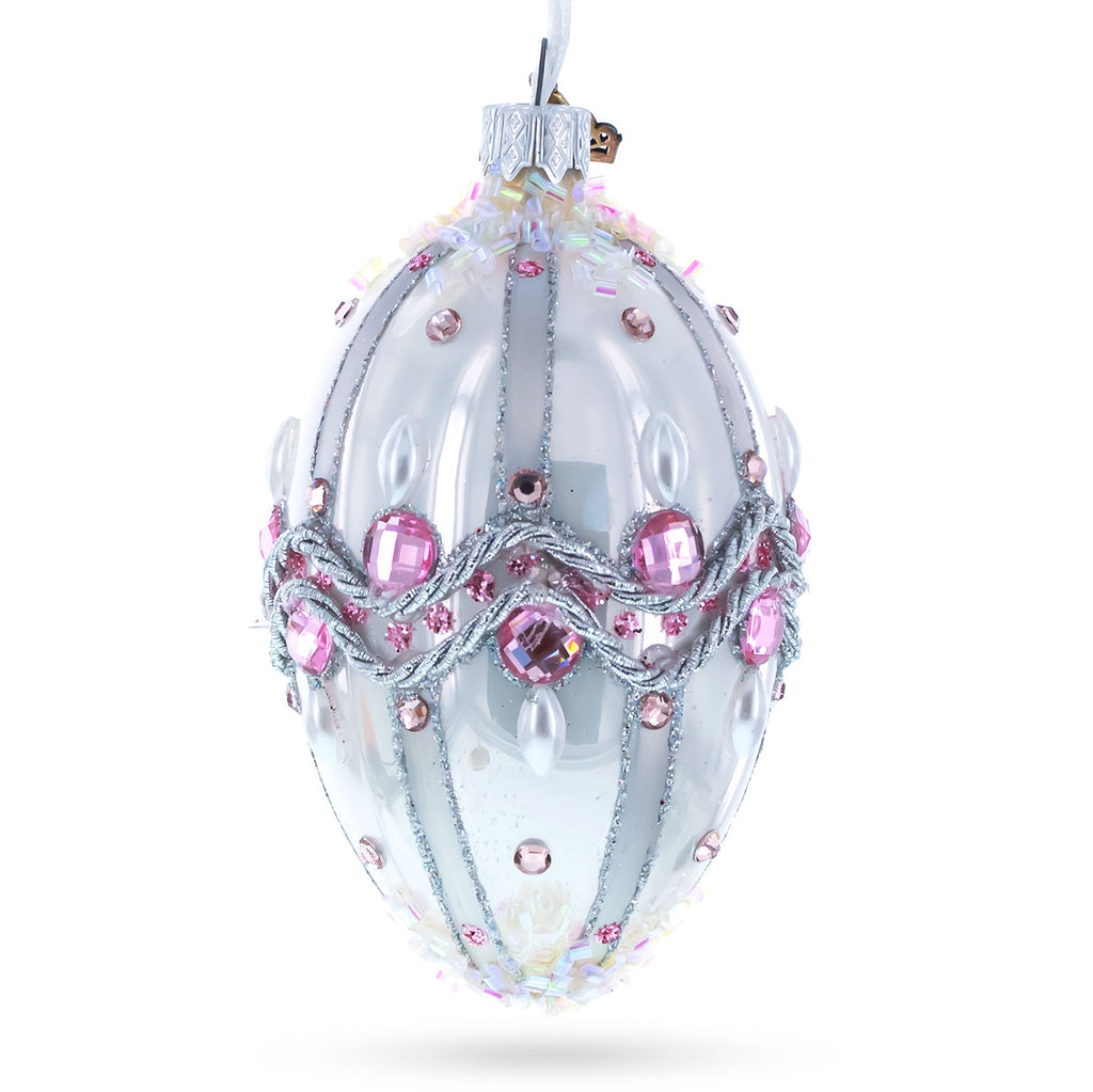 Pink Jewels on Striped Glass Egg Ornament 4 Inches