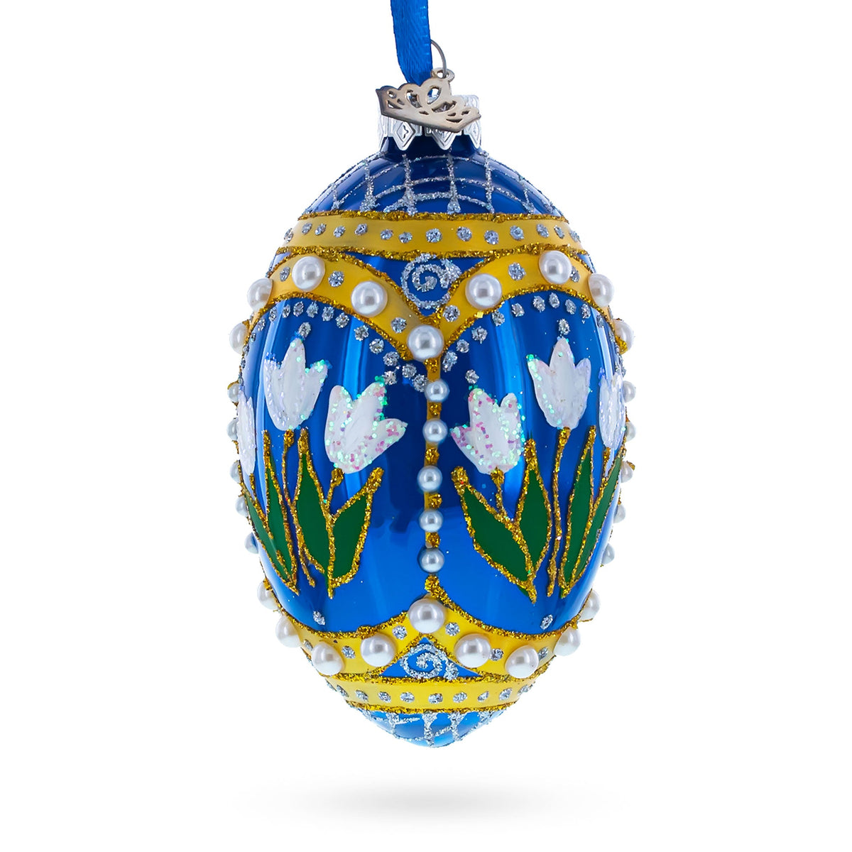 Blue Flowers with Pearls and Glitter Glass Egg Ornament 4 Inches