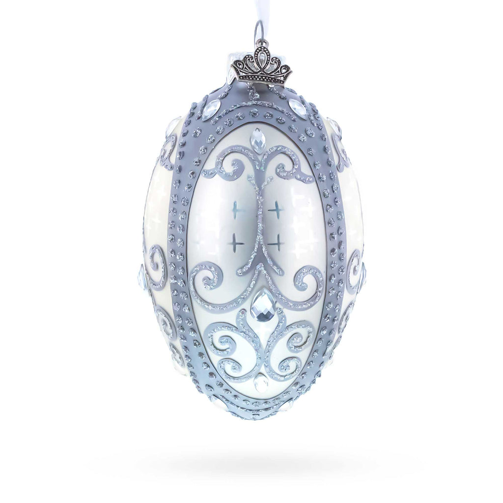 Silver Scrolls on White Glass Egg Ornament 4 Inches