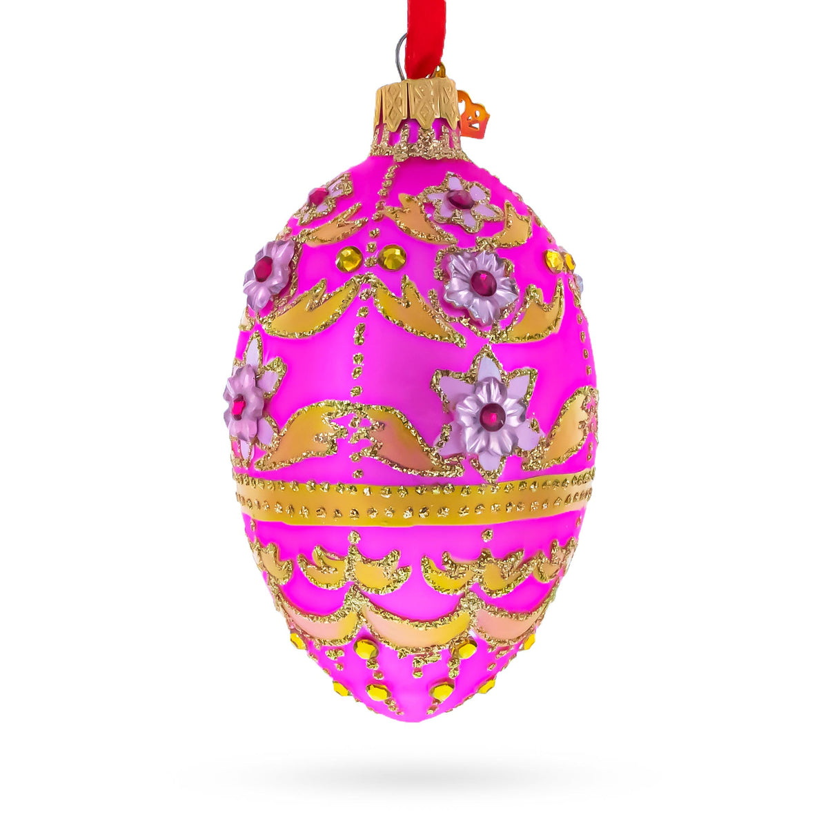 Jeweled Flowers on Pink Glass Egg Ornament 4 Inches