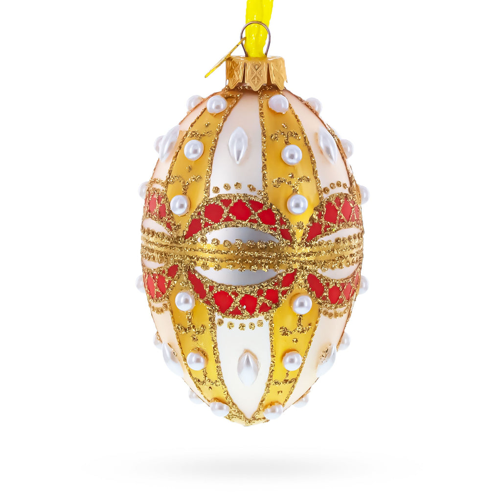 Pearls on Gold and White Glass Egg Ornament 4 Inches