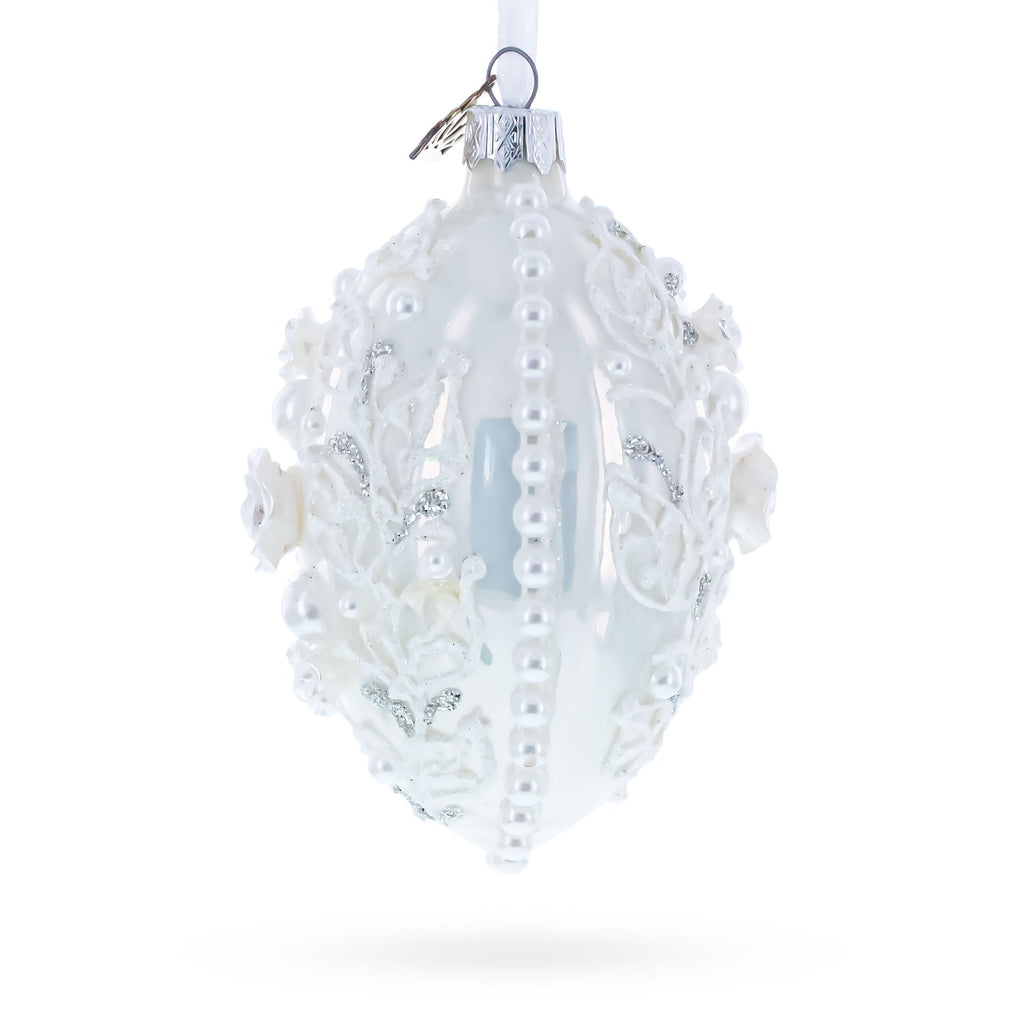 3D Pearl Roses Glass Egg Ornament 4 Inches