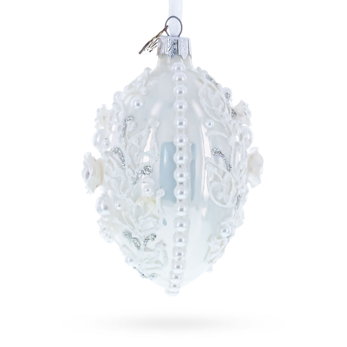 3D Pearl Roses Glass Egg Ornament 4 Inches