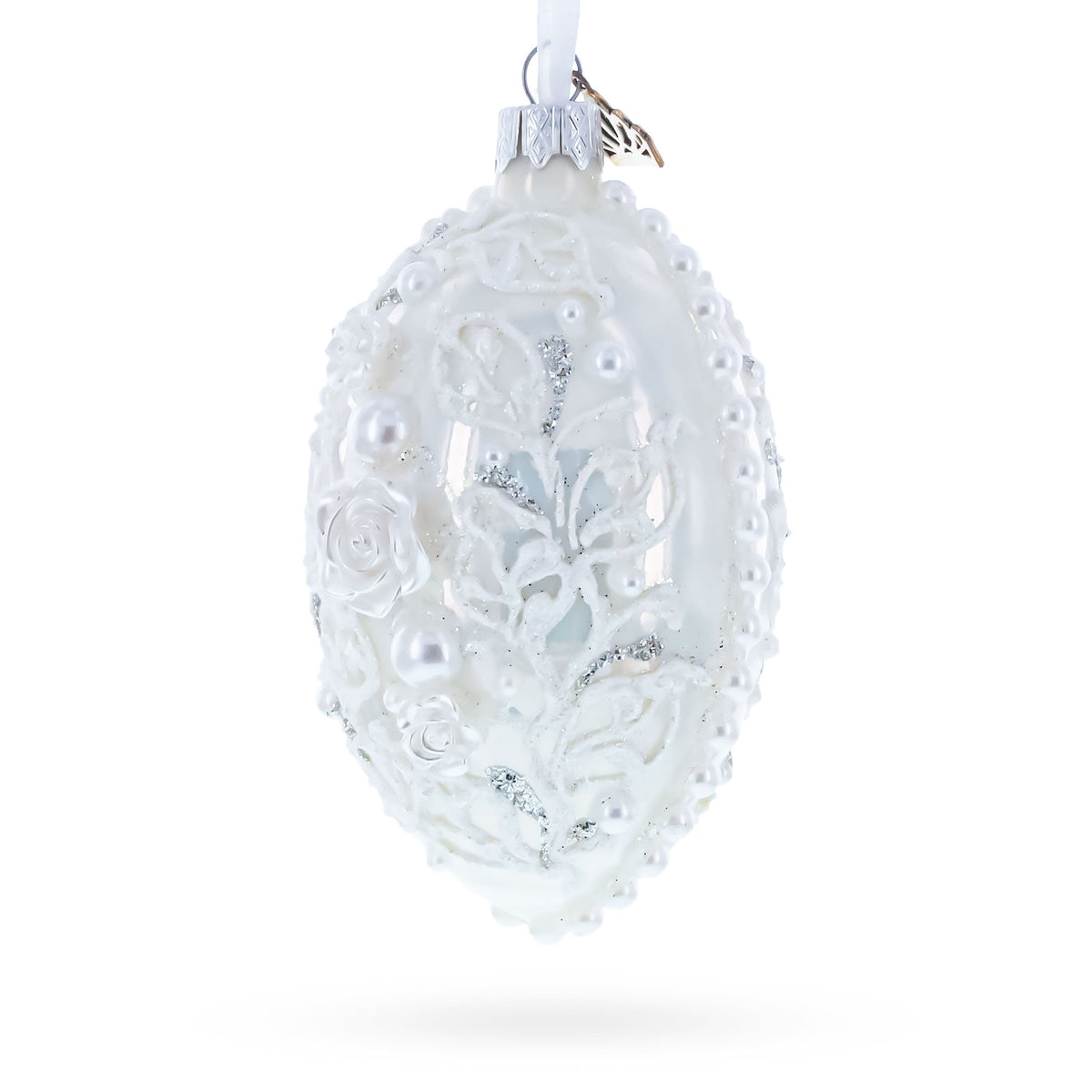 3D Pearl Roses Glass Egg Ornament 4 Inches