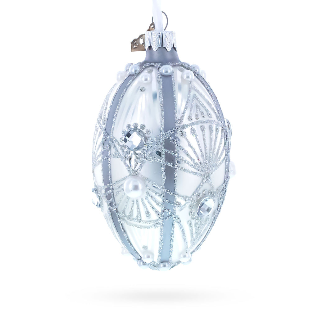 Diamonds on Silver Glass Egg Ornament 4 Inches