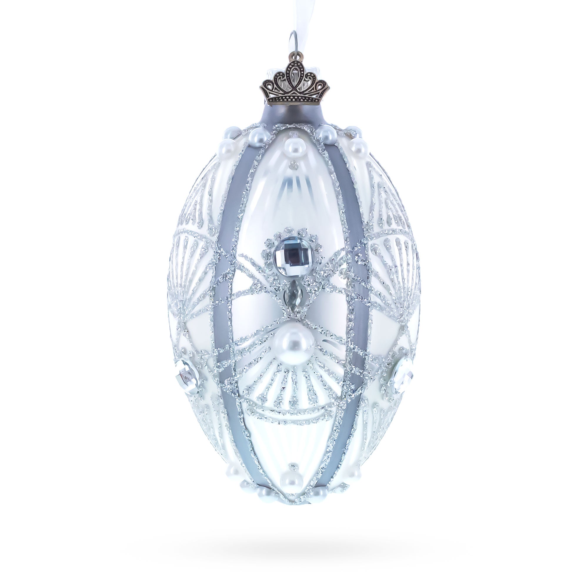 Diamonds on Silver Glass Egg Ornament 4 Inches