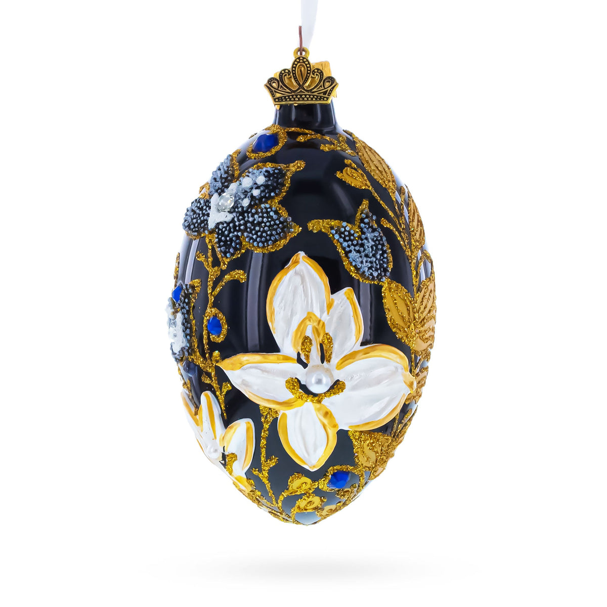 Black and Gold Floral with Jewel Accents Glass Egg Ornament 4 Inches