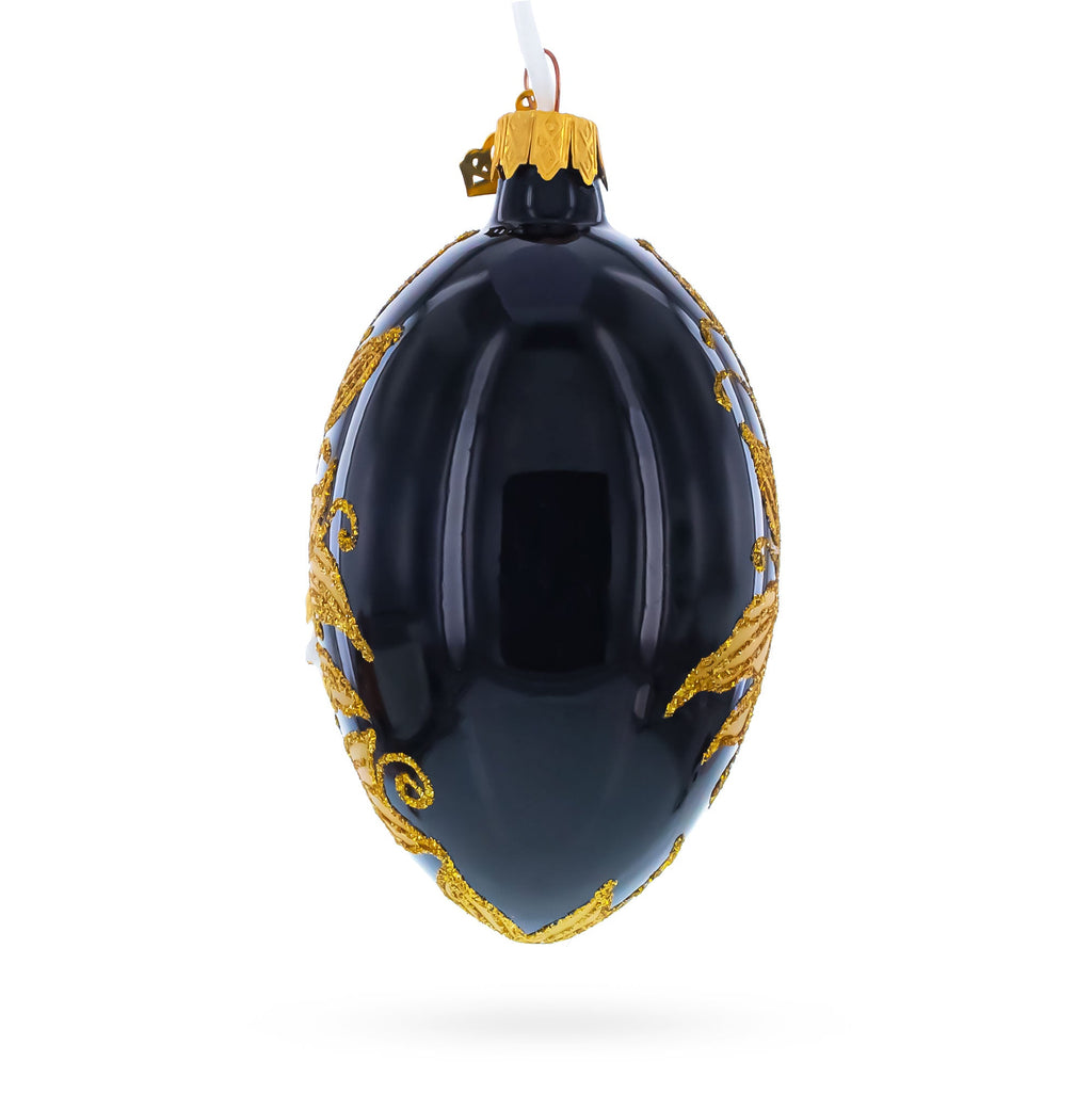 Black and Gold Floral with Jewel Accents Glass Egg Ornament 4 Inches