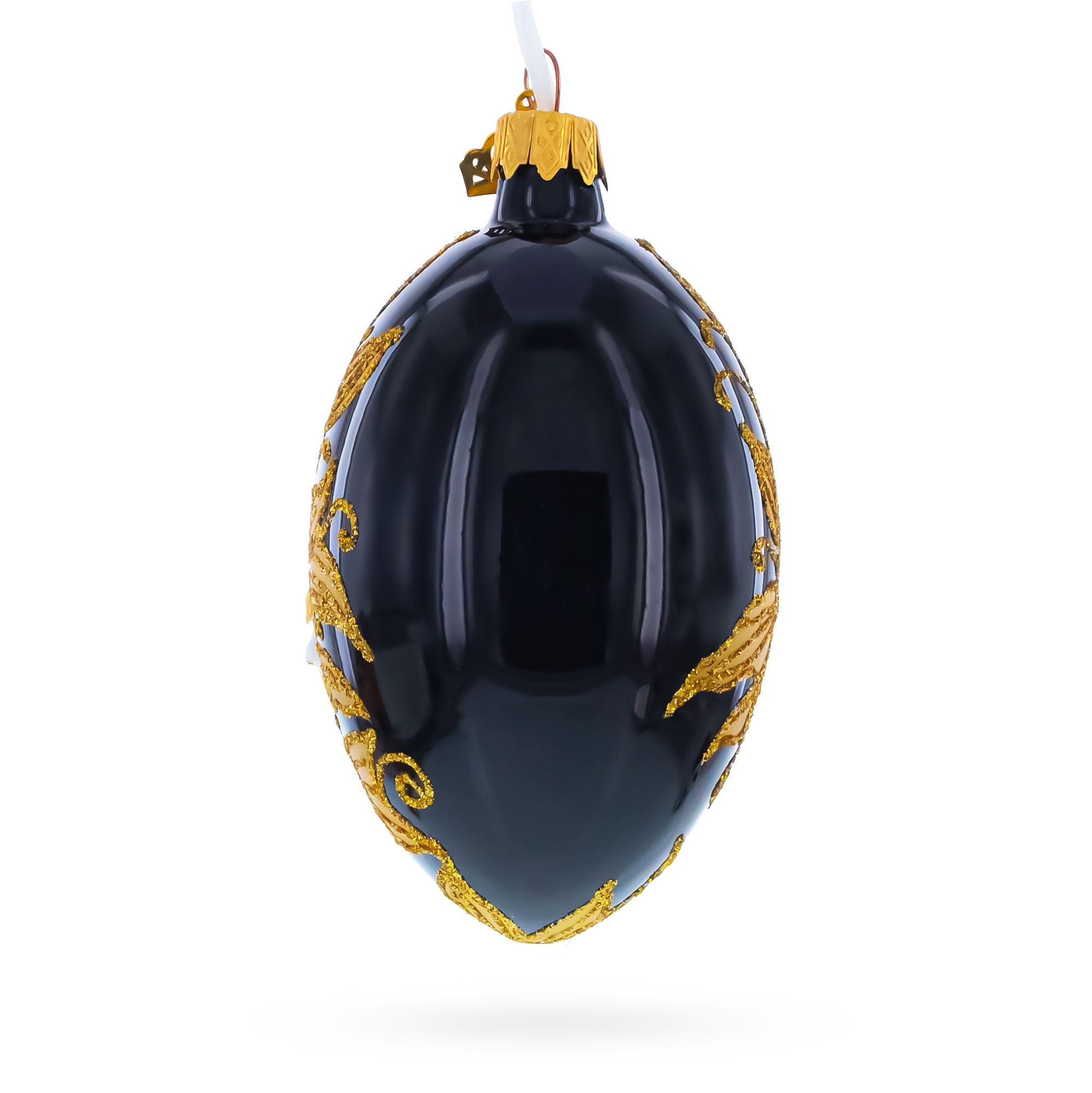 Black and Gold Floral with Jewel Accents Glass Egg Ornament 4 Inches