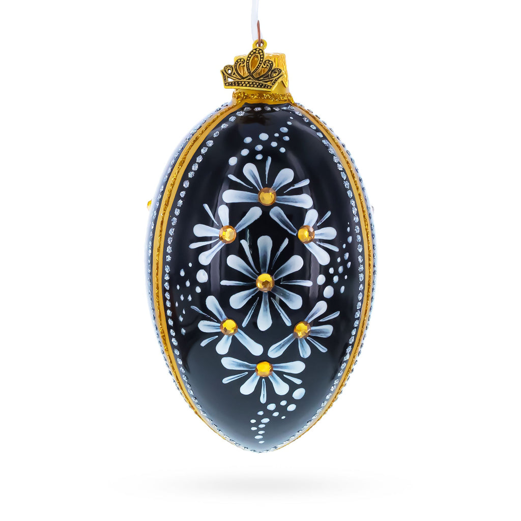 Daisy Motif with Golden Accents and Crystals Glass Egg Ornament 4 Inches