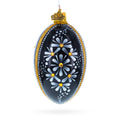 Daisy Motif with Golden Accents and Crystals Glass Egg Ornament 4 Inches