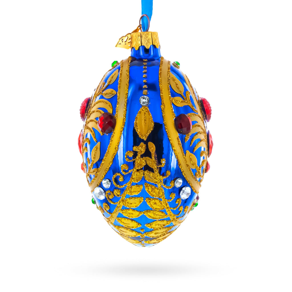 Royal Blue Regal Heart and Gemstones Embellished Glass Egg Ornament 4 Inches