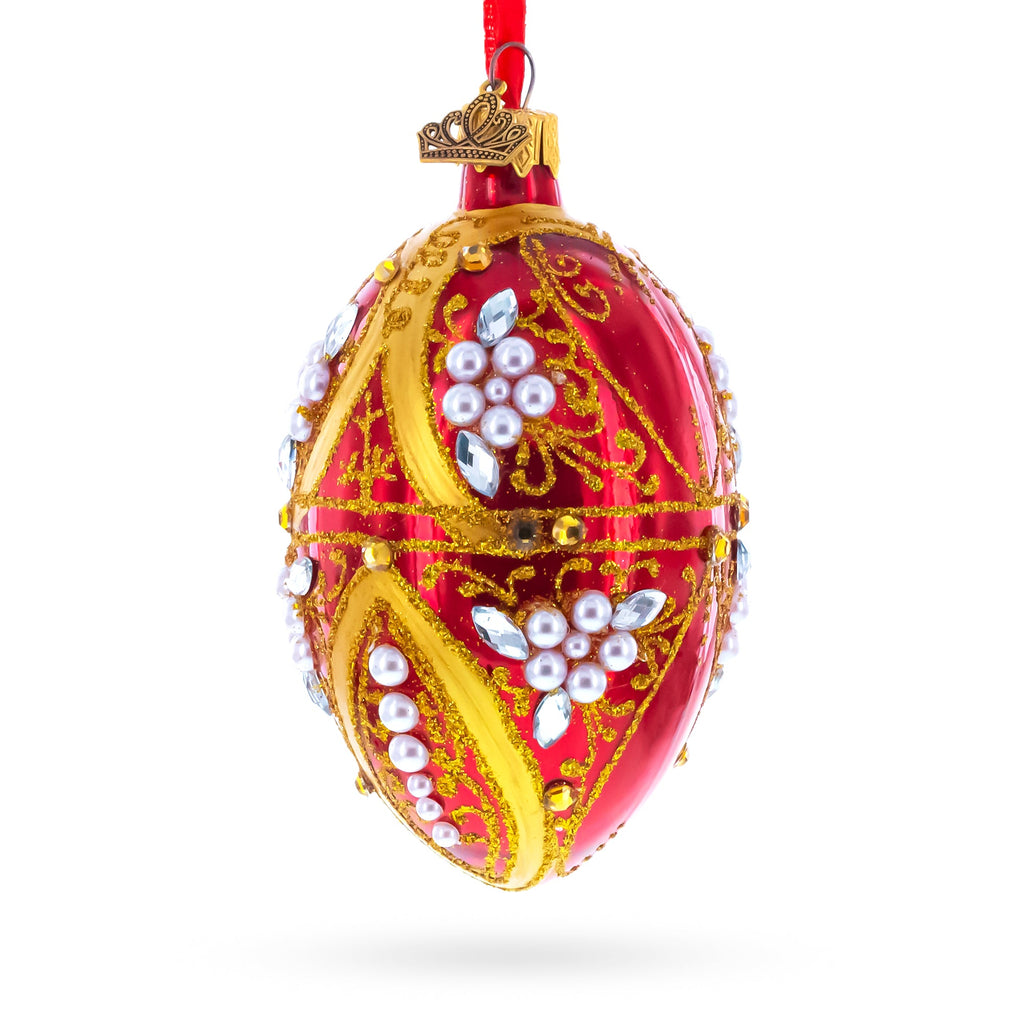 Regal Red and Gold Filigree with Pearls Glass Egg Ornament 4 Inches