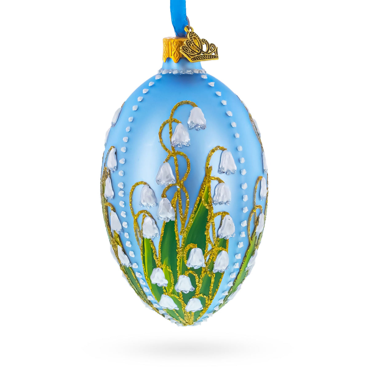 Lily of the Valley on Frosted Blue Egg Glass Ornament 4 Inches