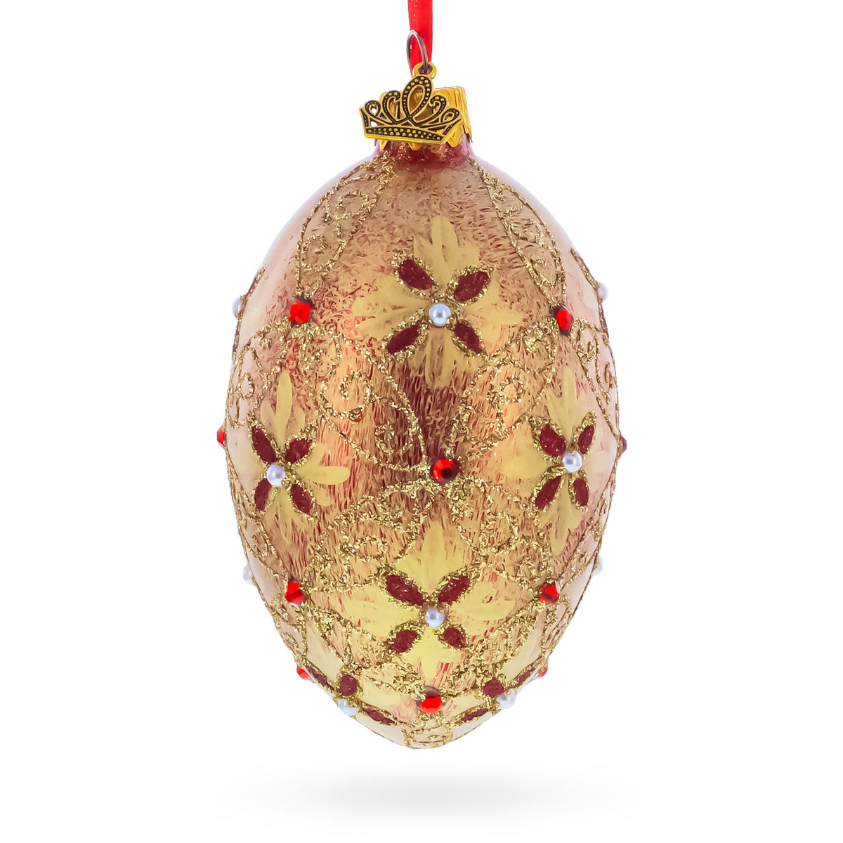Gilded Bloom & Pearl Lattice Jeweled Glass Egg Ornament 4 Inches