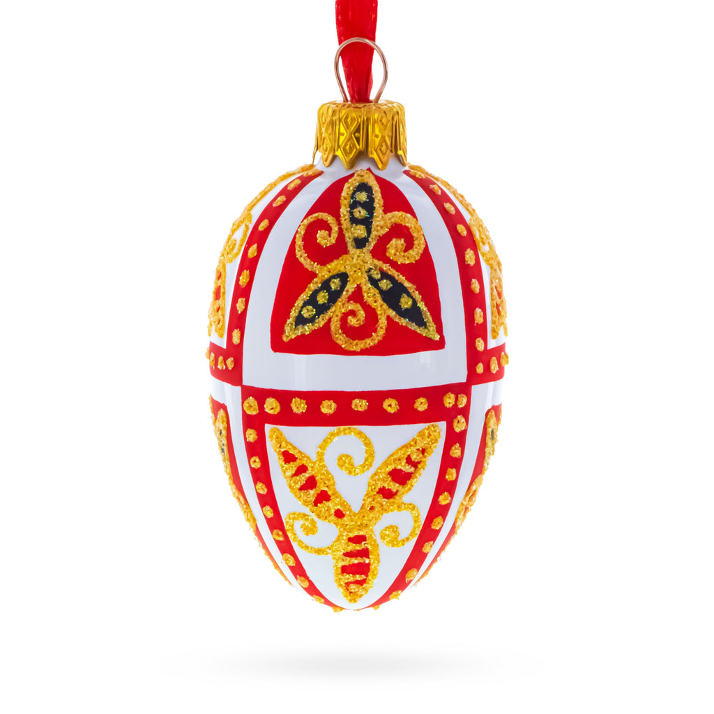 Red & Gold on White Floral Design Mini Glass Egg Ornament 2.9 Inches