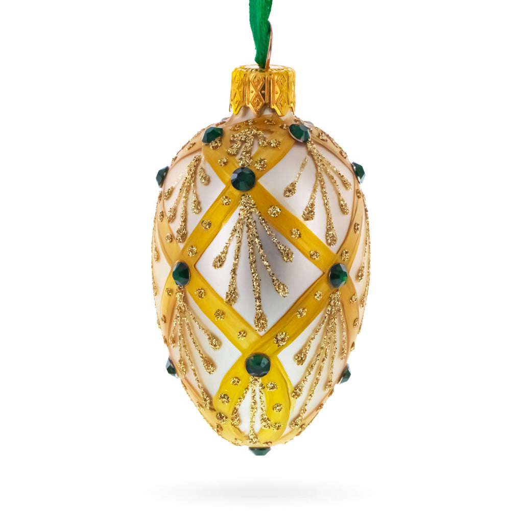 Beige & Emerald Jewel Accented Mini Glass Egg Ornament 2.9 Inches