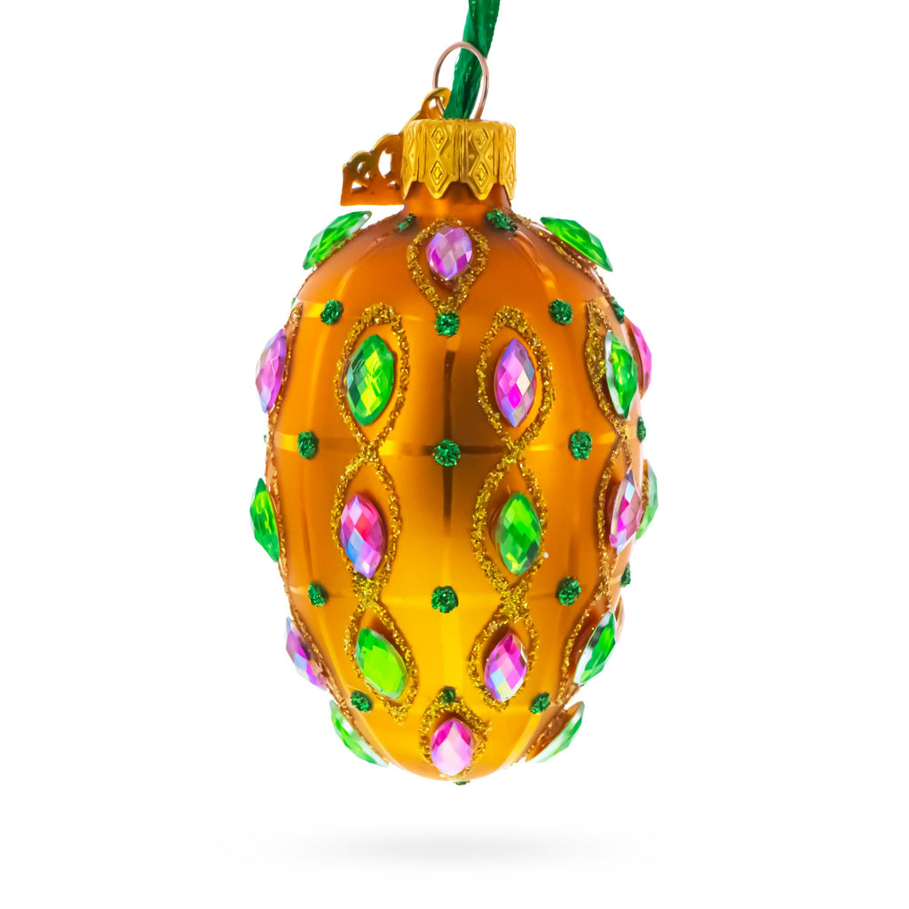Golden Amber with Pink & Green Jewel Accents Mini Glass Egg Ornament 2.9 Inches