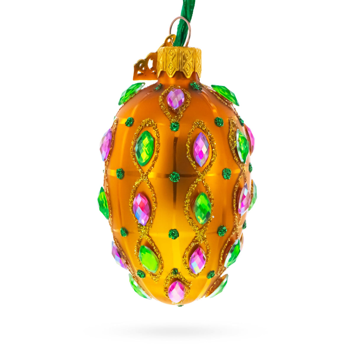Golden Amber with Pink & Green Jewel Accents Mini Glass Egg Ornament 2.9 Inches