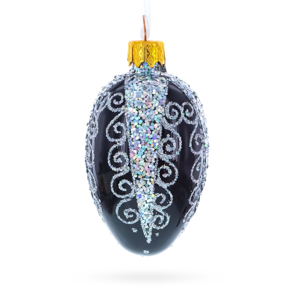 Black with Silver Glitter Swirls and Sequins Mini Glass Egg Ornament 2.9 Inches