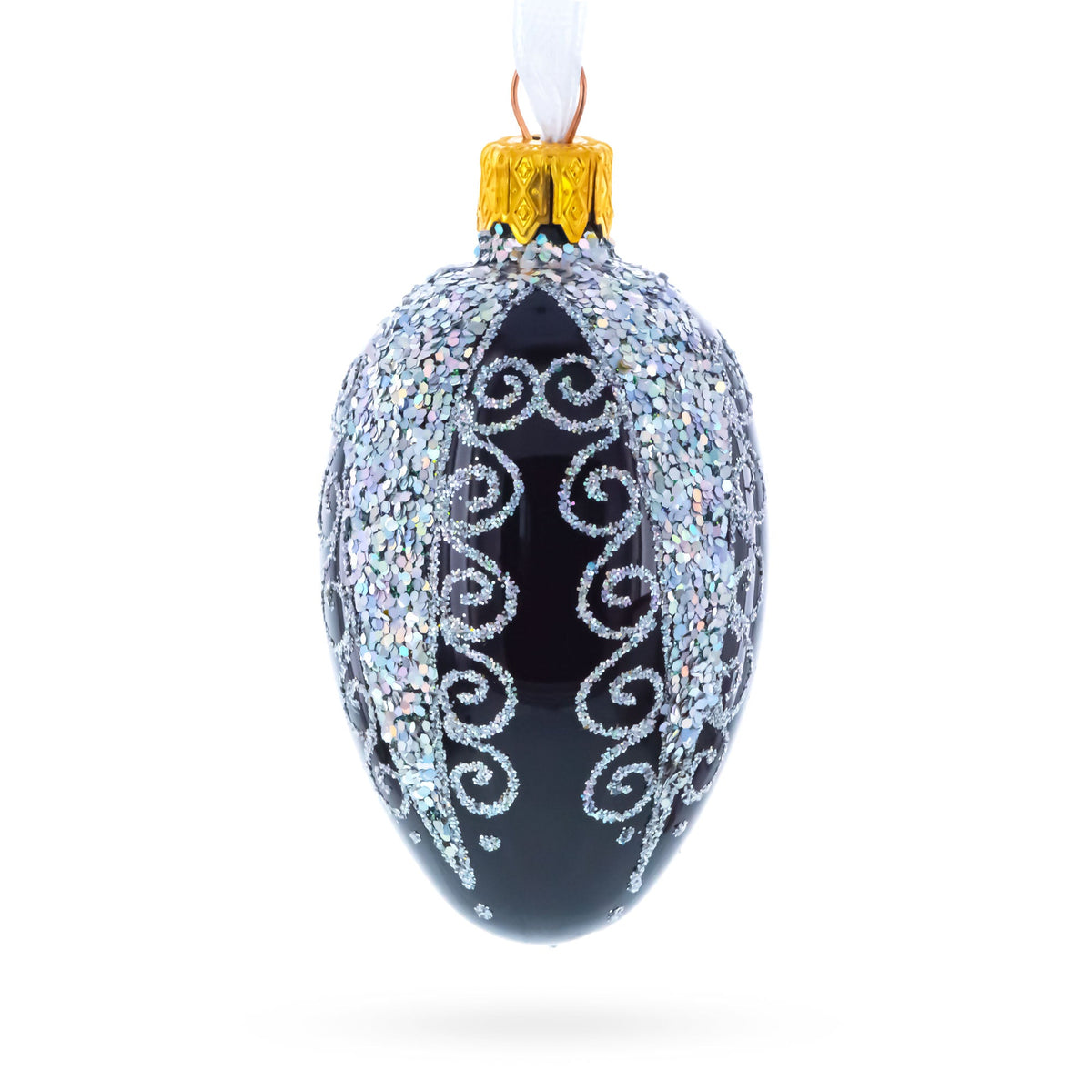 Black with Silver Glitter Swirls and Sequins Mini Glass Egg Ornament 2.9 Inches