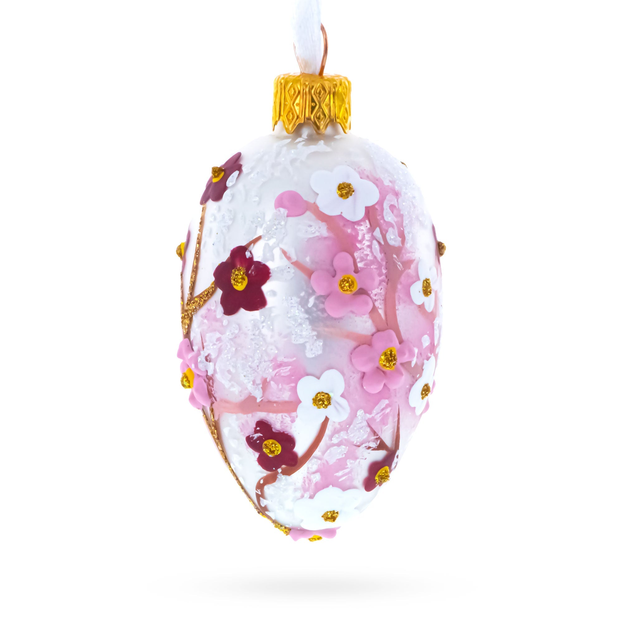 Pearl White with Pink Blossom Tree Design Mini Glass Egg Ornament 2.9 Inches