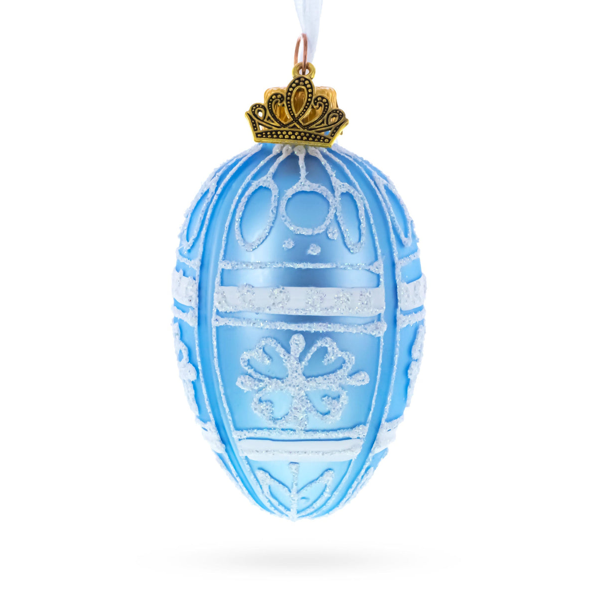 Frosted Blue with White Floral Pattern Mini Glass Egg Ornament 2.9 Inches