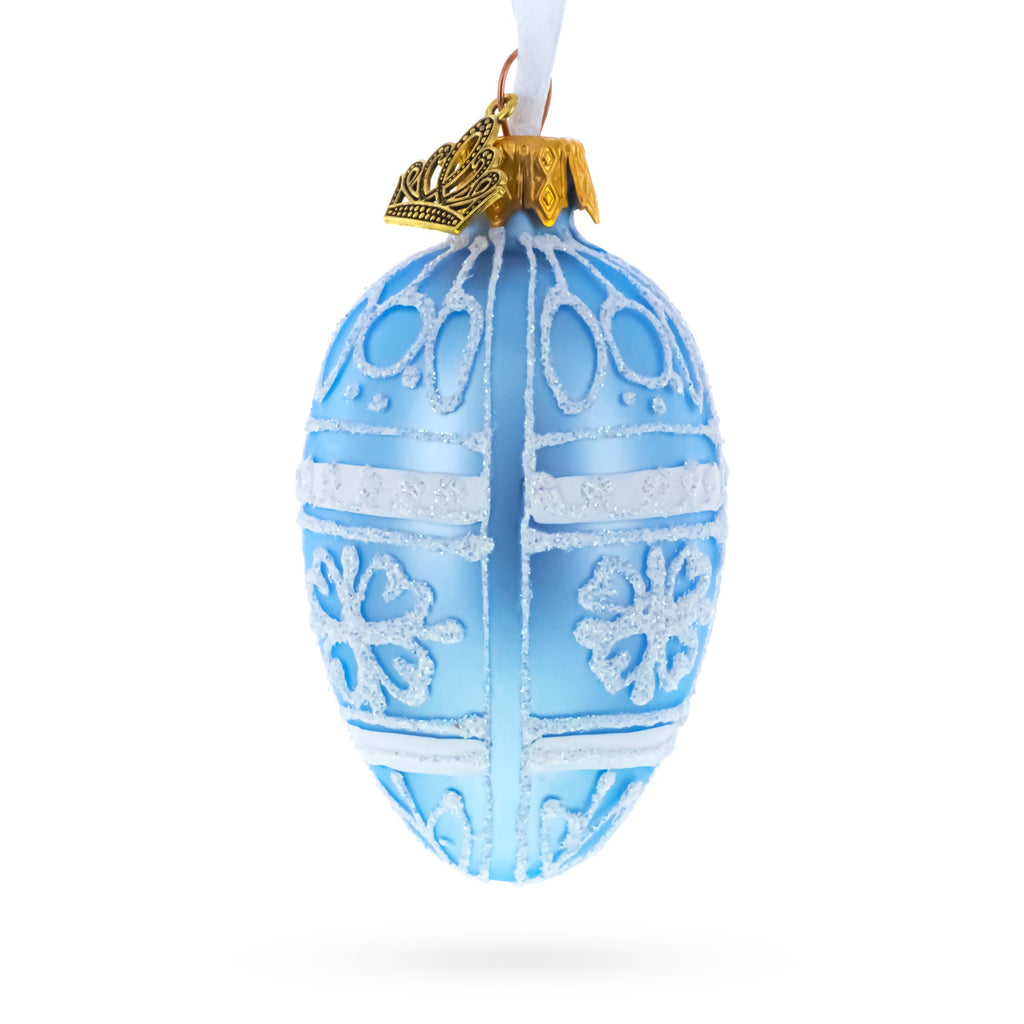Frosted Blue with White Floral Pattern Mini Glass Egg Ornament 2.9 Inches