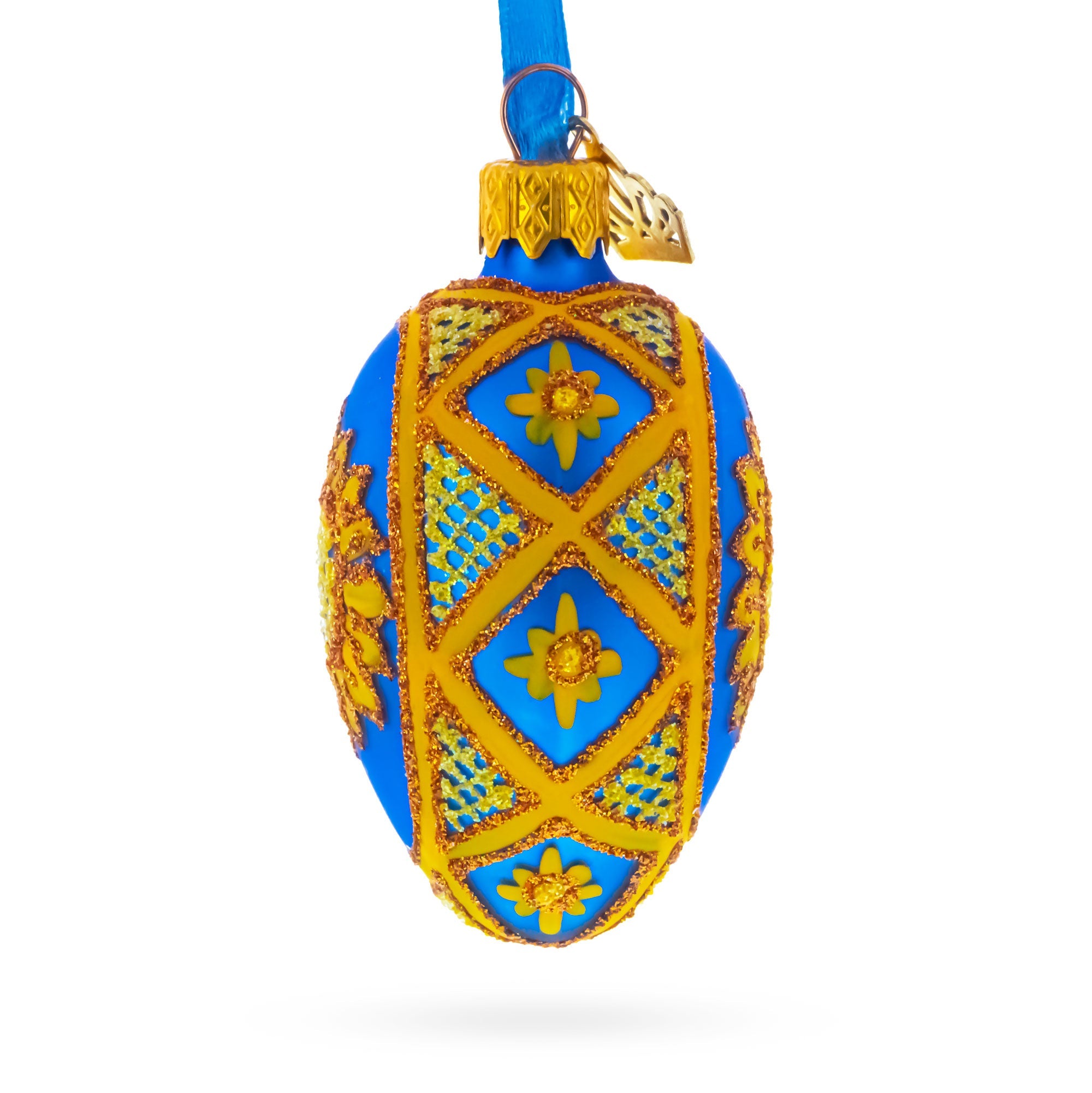 Cobalt Blue with Yellow Sunflower and Red Glitter Accents Mini Glass Egg Ornament 2.9 Inches