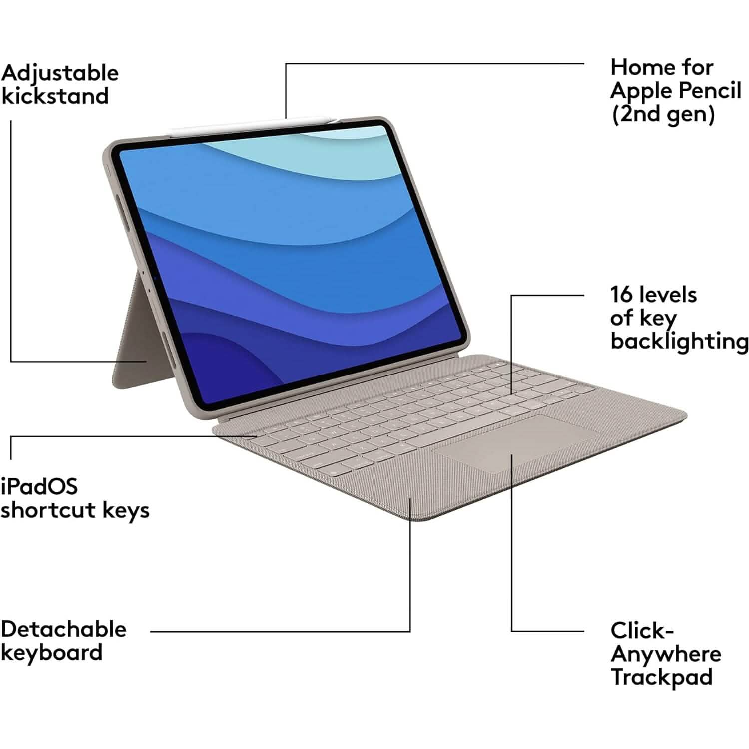 Logitech Combo Touch iPad Pro 12.9-inch (5th, 6th gen - 2021, 2022) Keyboard Case - Sand USA Layout