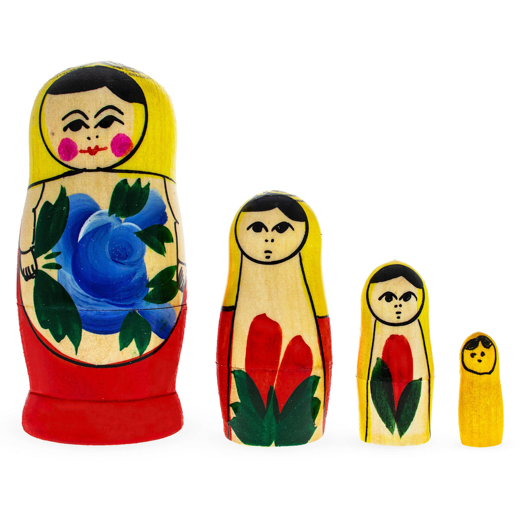 Wooden Semenov Yellow Scarf Nesting Dolls - Blue Rose Matryoshka 3.6 Inches
