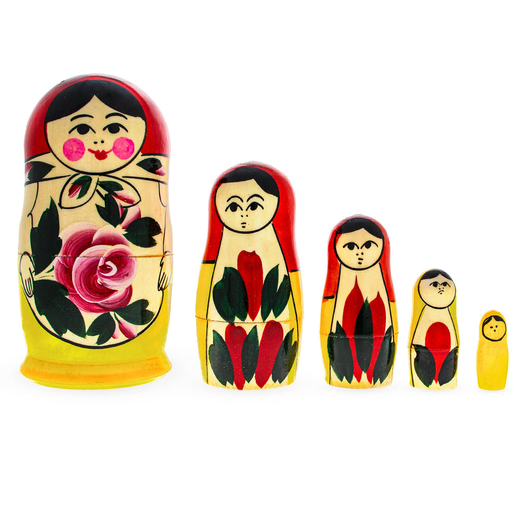 Wooden Semenov Red Scarf Nesting Dolls - Pink Rose Matryoshka 4.4 Inches