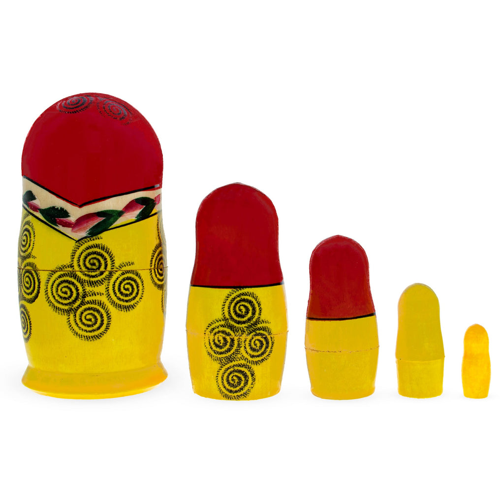 Wooden Semenov Red Scarf Nesting Dolls - Pink Rose Matryoshka 4.4 Inches