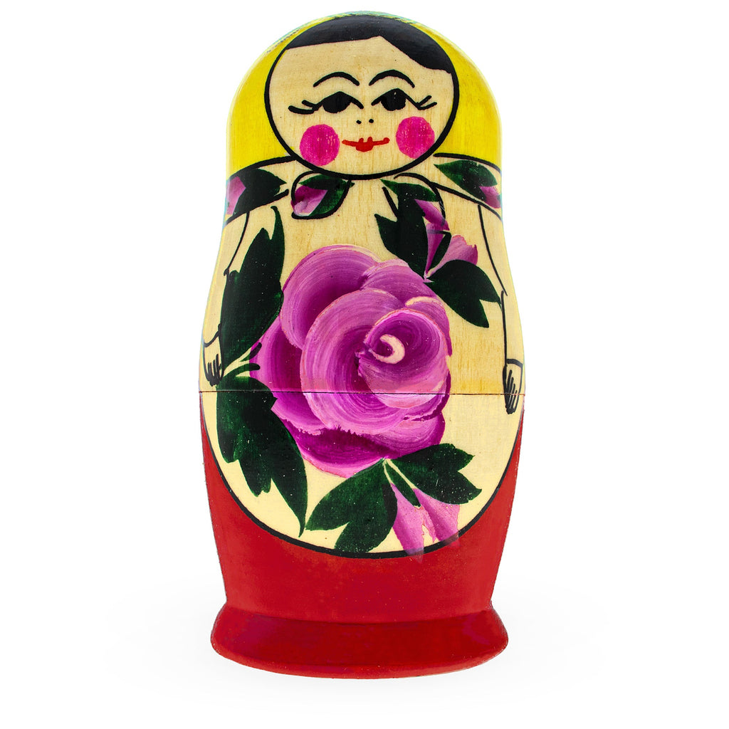 Wooden Semenov Yellow Gown Nesting Dolls - Magenta Rose Matryoshka 4.2 Inches