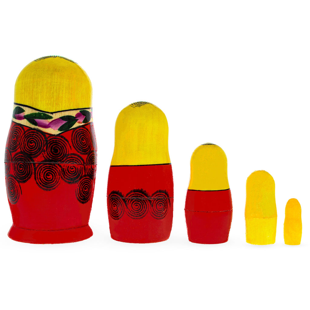 Wooden Semenov Yellow Gown Nesting Dolls - Magenta Rose Matryoshka 4.2 Inches