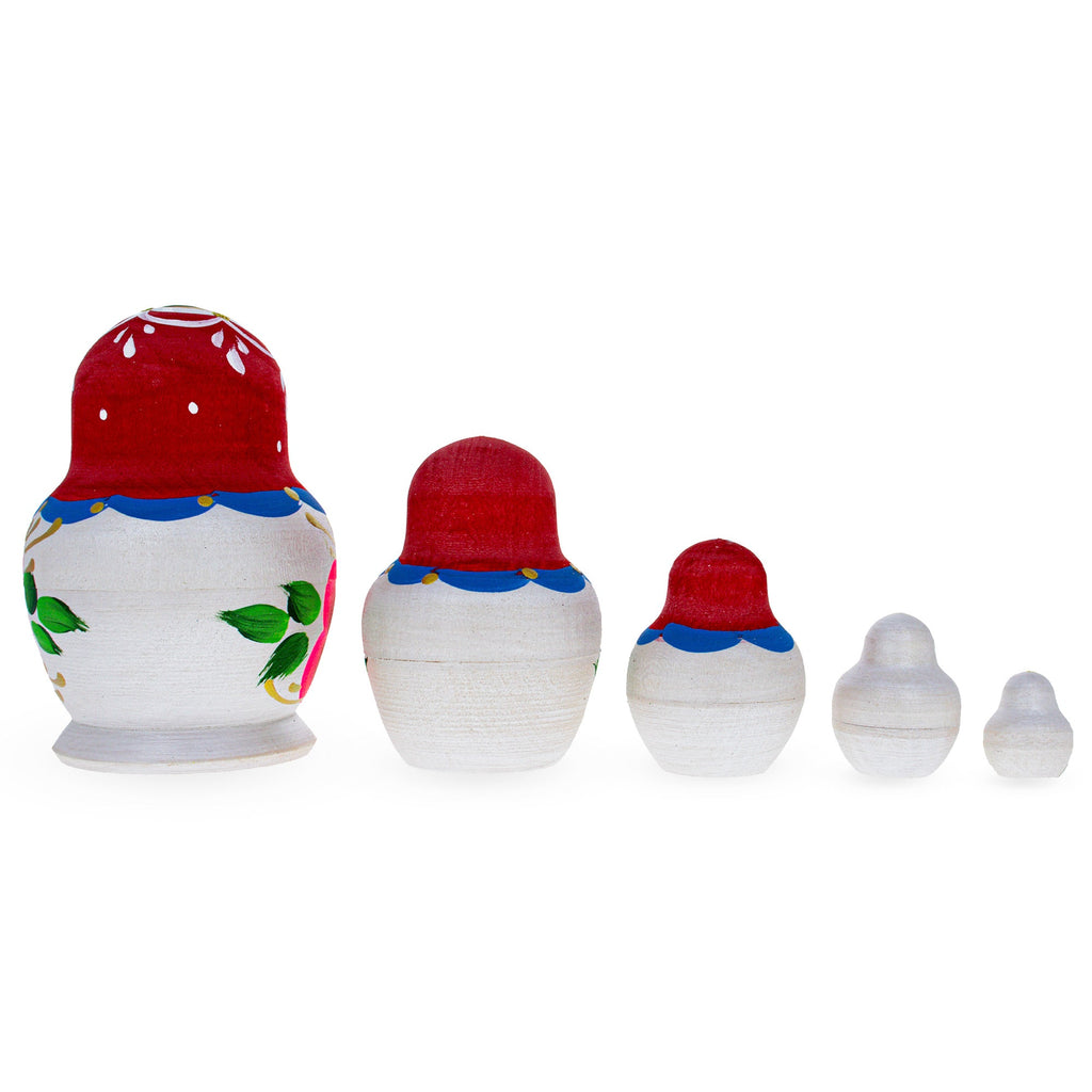 Beautiful Wooden  with Red Color Hood and Pink Flowers Nesting Dolls