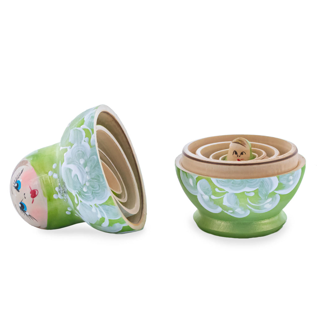 Wooden Green Floral Nesting Dolls - Lime Stacking Matryoshka 3.1 Inches