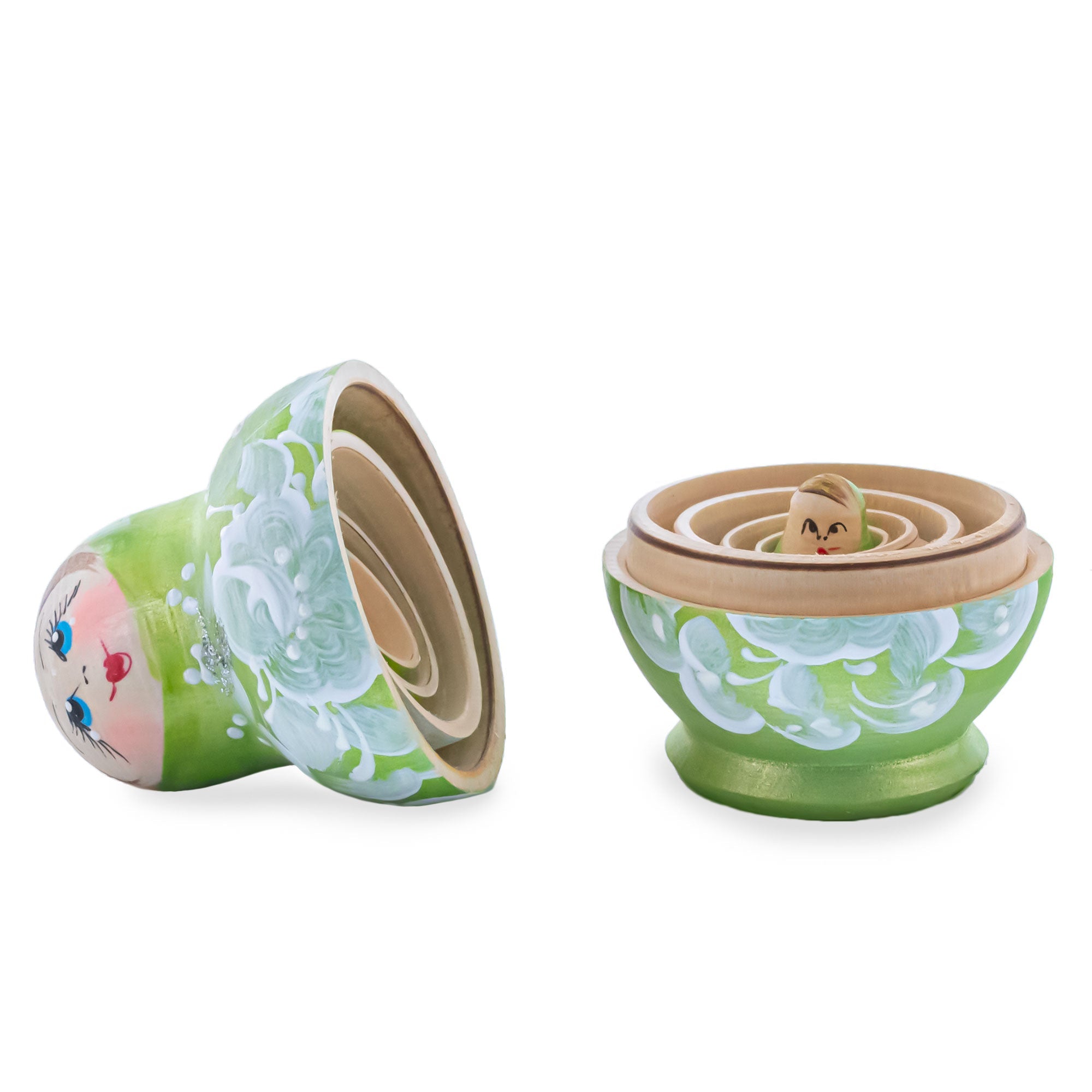 Wooden Green Floral Nesting Dolls - Lime Stacking Matryoshka 3.1 Inches