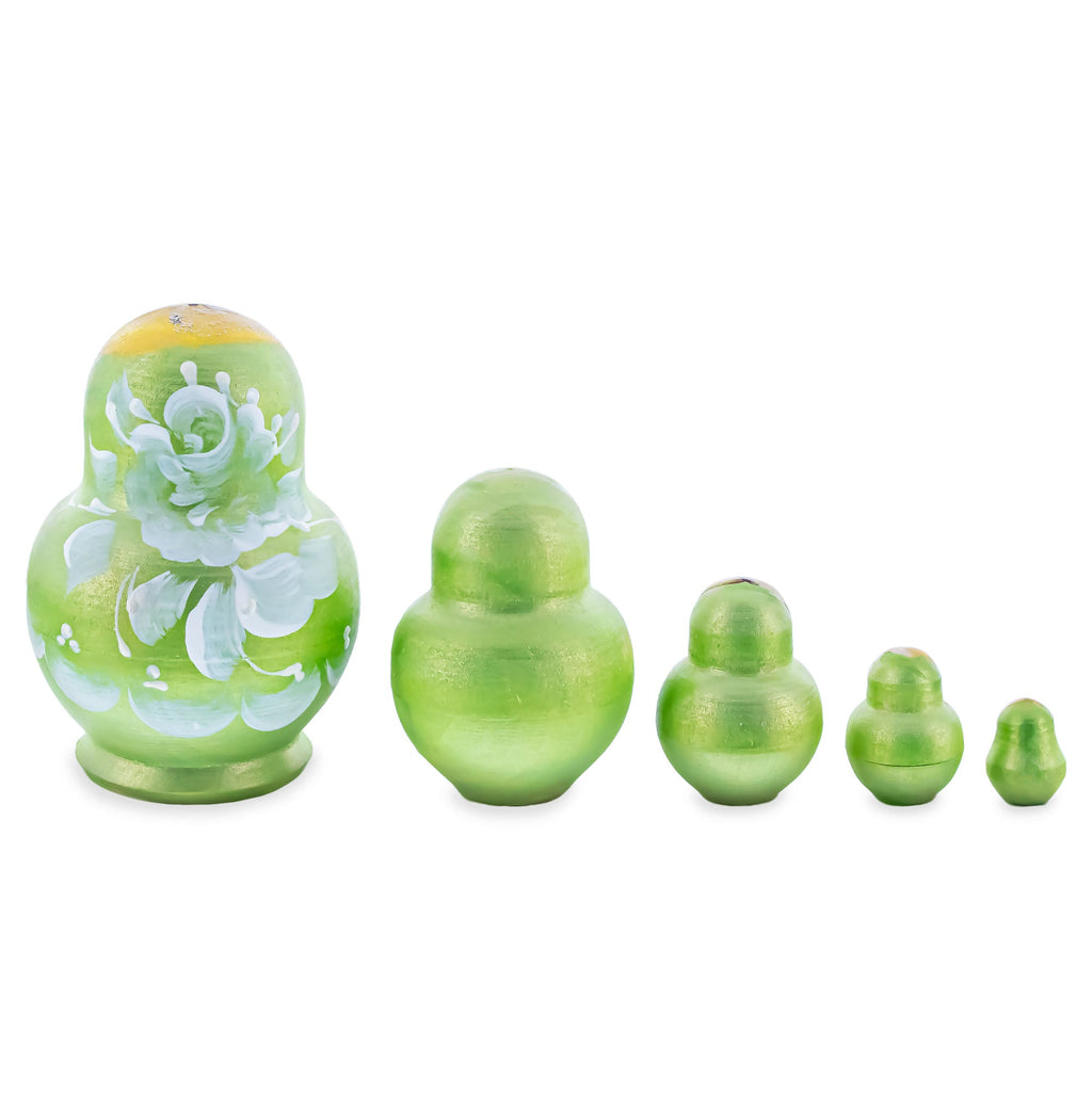 Wooden Green Floral Nesting Dolls - Lime Stacking Matryoshka 3.1 Inches