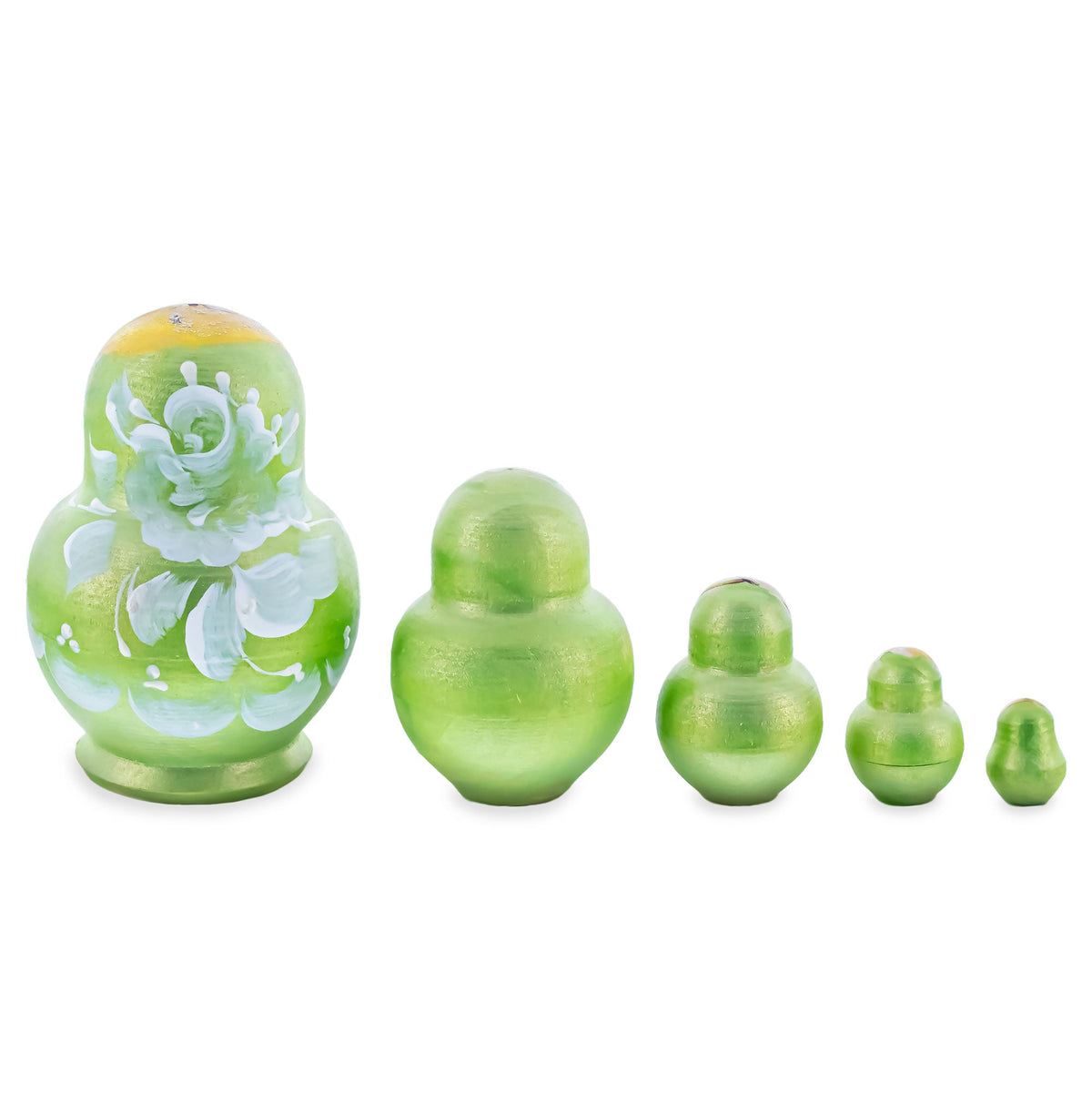 Wooden Green Floral Nesting Dolls - Lime Stacking Matryoshka 3.1 Inches