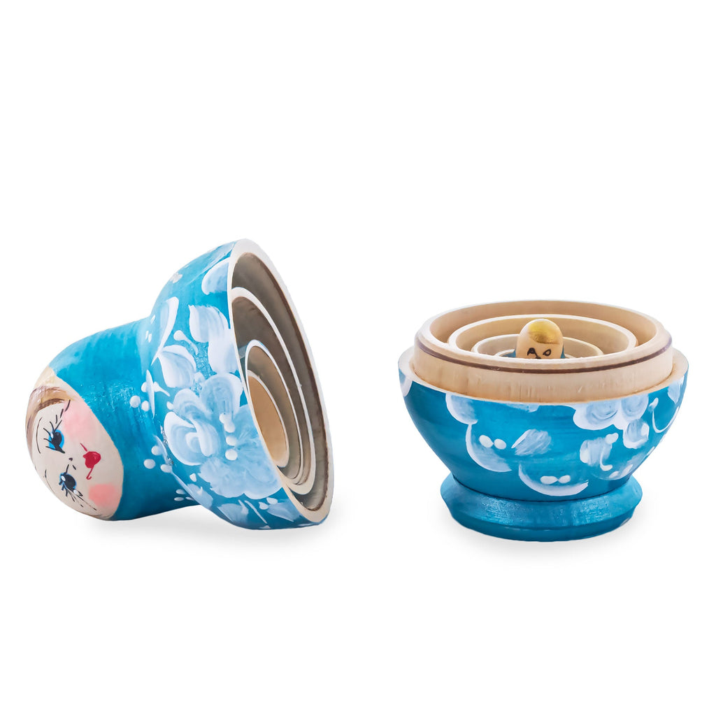 Wooden Turquoise Floral Nesting Dolls - Sky Blue Matryoshka 3.1 Inches