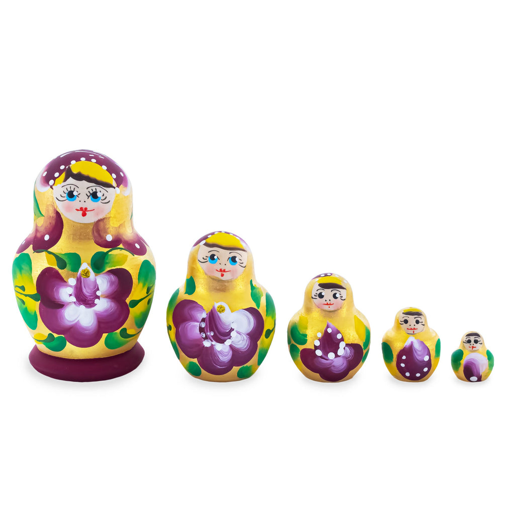 Wooden Gold Violet Floral Nesting Dolls - Stacking Matryoshka 3.1 Inches