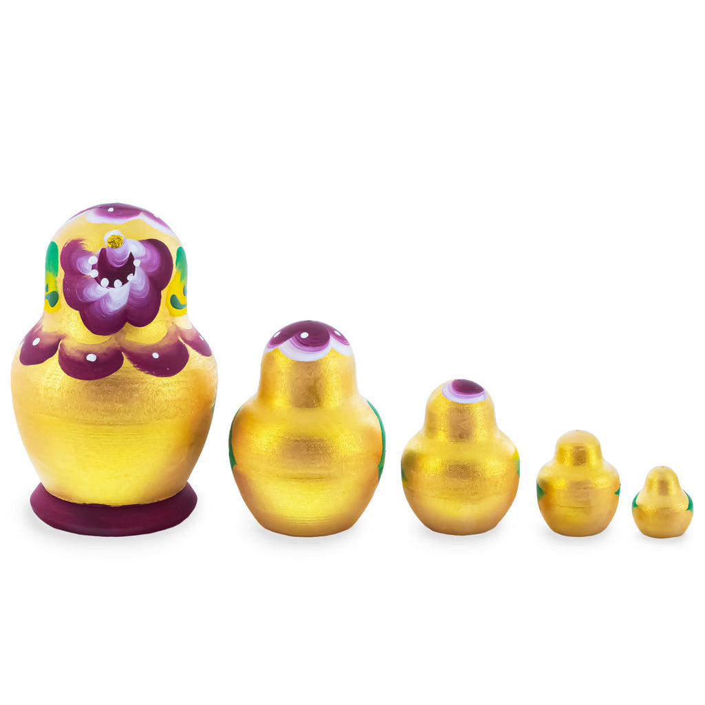 Wooden Gold Violet Floral Nesting Dolls - Stacking Matryoshka 3.1 Inches